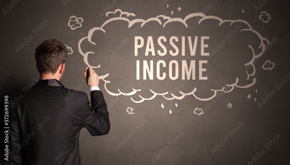 businessman drawing a cloud with PASSIVE INCOME inscription inside, modern business concept businessman drawing a cloud with PASSIVE INCOME inscription inside, modern business concept
