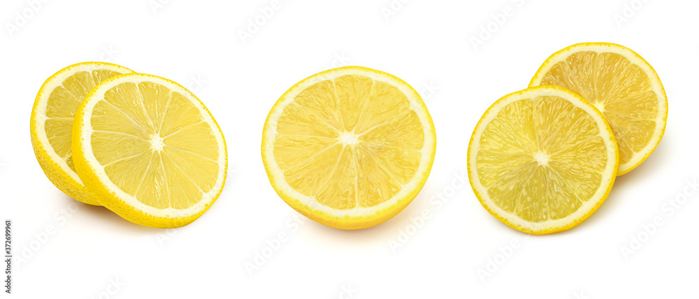 Collection lemon and sliced lemons fruit isolated on white background.