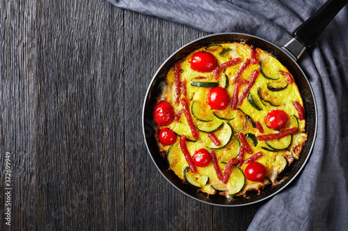 frittata, omelet on a skillet, top view