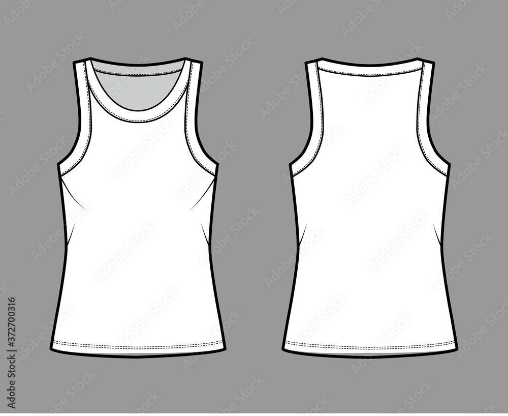Cotton-jersey tank technical fashion illustration with relaxed fit, wide scoop neckline, sleeveless. Flat outwear cami apparel template front, back white color. Women men unisex shirt top CAD mockup Cotton-jersey tank technical fashion illustration with relaxed fit, wide scoop neckline, sleeveless. Flat outwear cami apparel template front, back white color. Women men unisex shirt top CAD mockup