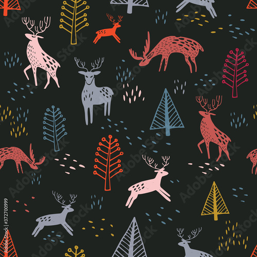 Seamless pattern in the Scandinavian style with deer in the forest. Can be used as a drawing on fabric or wrapping paper