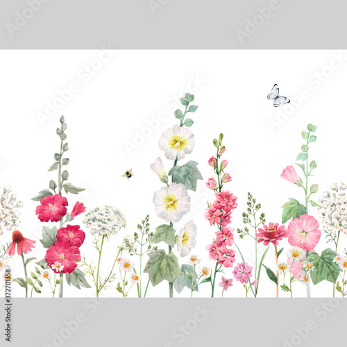 Beautiful vector horizontal seamless floral pattern with watercolor summer mallow flowers. Stock illustration. photo