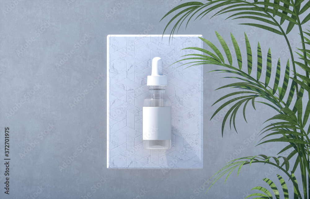 Natural cosmetic blank serum bottle container with tropical palm leaves background. 3d render. - obrazy, fototapety, plakaty 