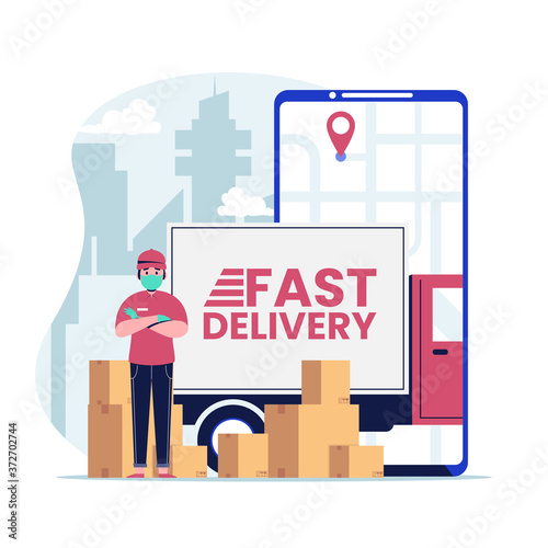 Fast delivery service with red truck and courier in medical mask and gloves delivered the parcel. parcel delivery service during epidemic pandemic coronavirus 2019-ncov. Flat design vector illustratio