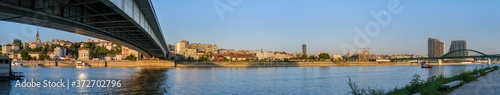 Beautiful summer panoramic view of the historic center of Belgrade from the bank of the Sava River near Branko's bridge (Brankov most), Serbia. People and signs unrecognizable.