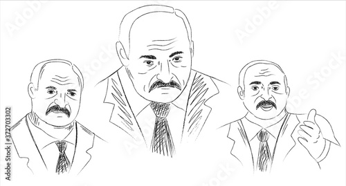 Quick sketch, doodle drawing of President of the Republic Belarus Alexander Lukashenko.Elections 2020,hand drawn painting,cartoon of the head of state.Different emotions of politician.Isolated.Vector photo