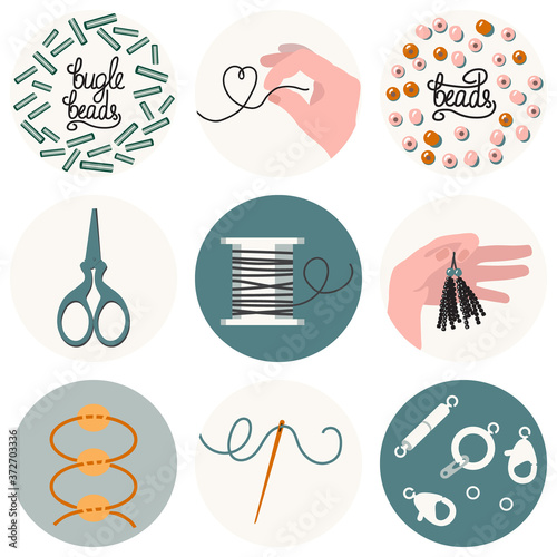 Set of 9 icons for needlework and beading in flat style. Accessories for jewelry, sewing needle, scissors, scheme, hand with thread, spool of thread, beads and lettering. Emblem, logo in natural color