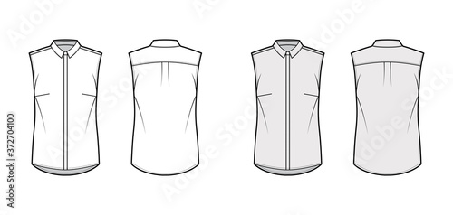 Shirt technical fashion illustration with neat, slim collar, front concealed button fastenings, slightly loose silhouette. Flat apparel template front, back, white, grey color. Women, men unisex top