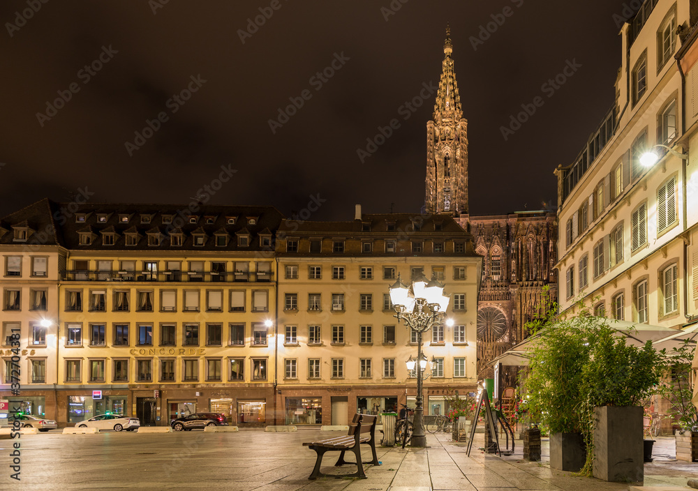 Night photography with the Cathedral in background in Strasbourg in France