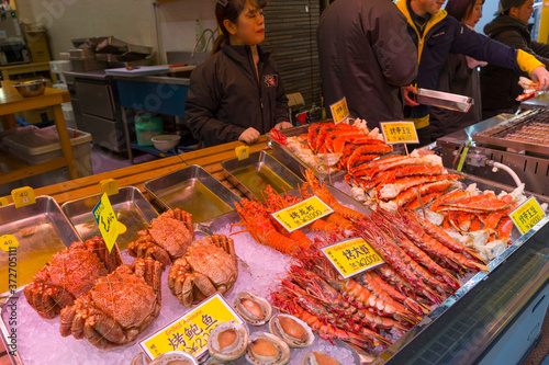 Seafood stall in the Tsukiji Market, Tokyo, Japan
