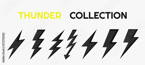 Set of thunderbolt black icon templates, lightning for electricity and charge. Simple lightening symbol. Eps 10 vector