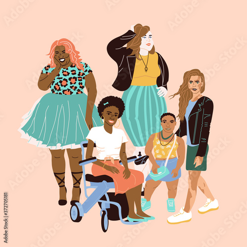 Set of lovely women with natural beauty, different shapes, height and skin color. Different women in flat style. People with skin problems, people in a wheelchair, dwarfism, and different complexions.