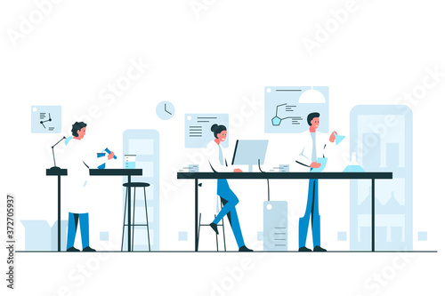 Biologists working in the laboratory. Vector illustration of a group of scientists conducting research in a chemical laboratory. Teamwork concept illustration of a modern lab interior with flasks