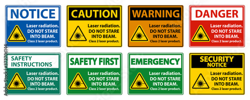 Laser radiation,do not stare into beam,class 2 laser product Sign on white background