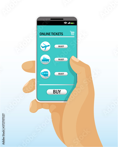
Online ticket booking.
A man's hand holds a gadget and the page for ordering tickets is shown on the smartphone screen.