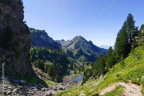 Small green lake in the forest under the cliff