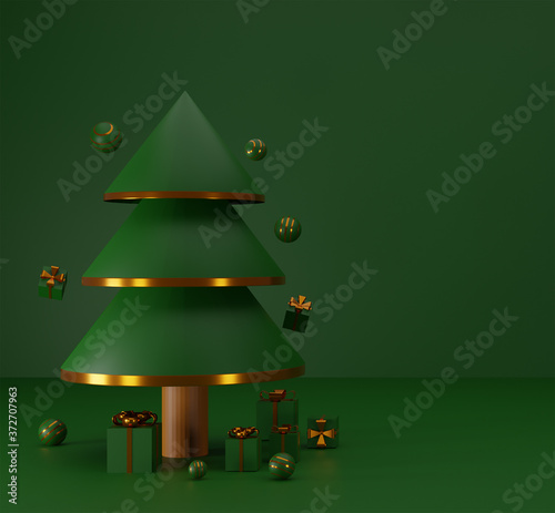 Concept Merry Christmas with gift box and ball glossy and tree christmas on green background. 3d rendering