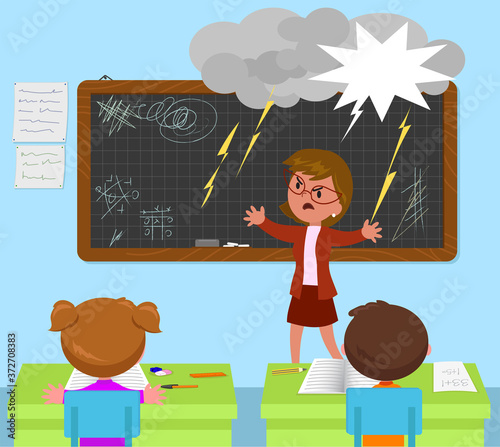 School classroom, angry teacher and kids vector illustration