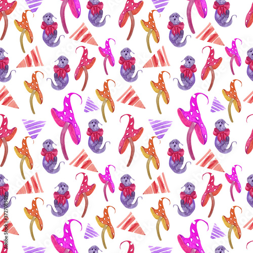 Halloween watercolor owl ghost mushroom  pattern on white background. For design, prints on fabric and paper