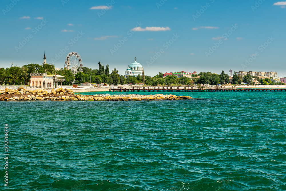 Sea view of the coastline and the city of Yevpatoria in Crimea
