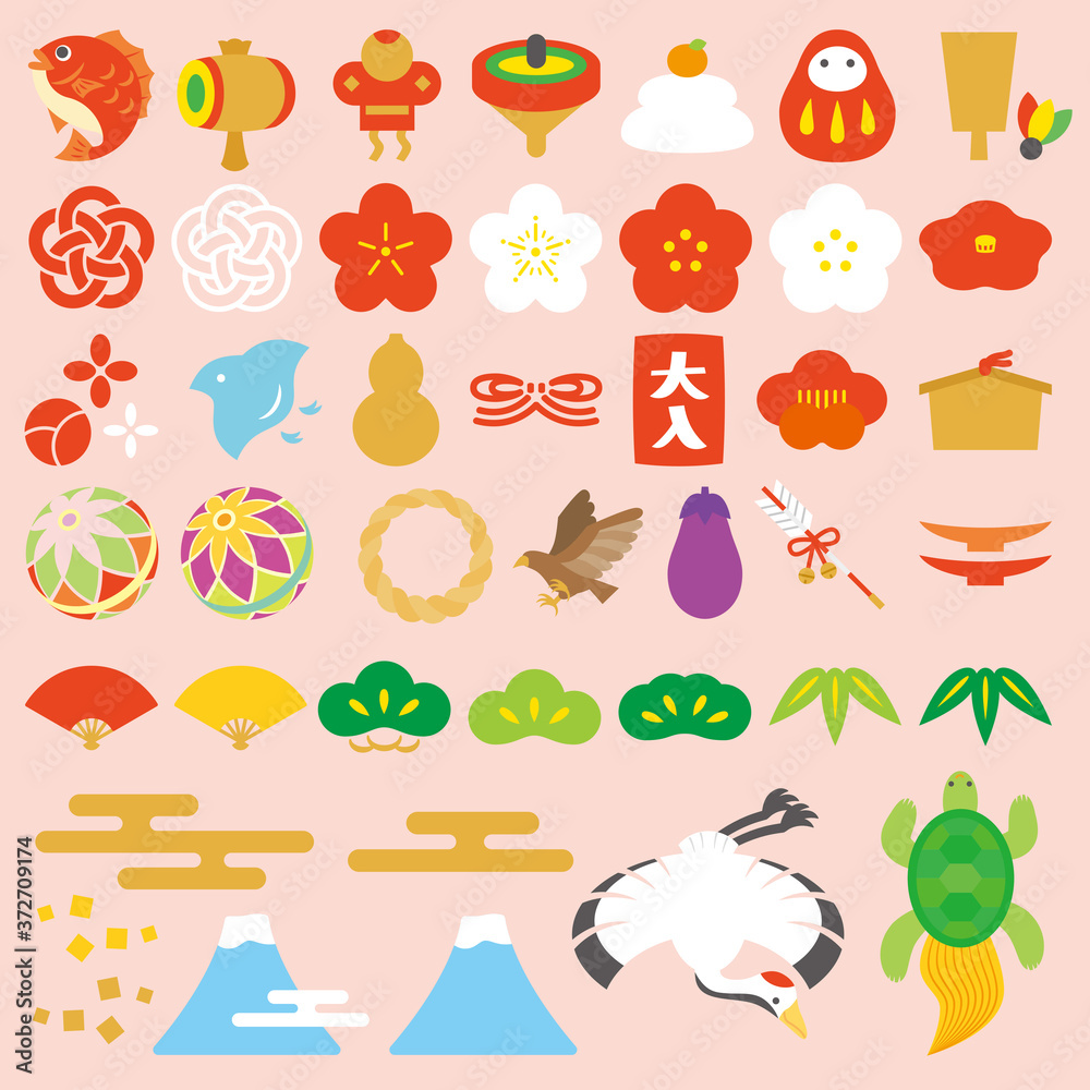 正月素材 フラットな縁起物アイコンセット-Japanese New Year decoration icon 正月素材 フラットな縁起物アイコンセット-Japanese New Year decoration icon
