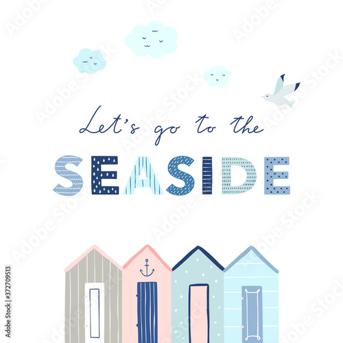 Seaside greeting card. Vector nautical illustration. Beach houses, seagull and lettering