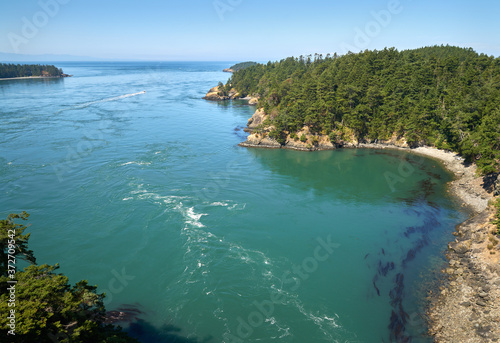 Deception Pass Washington State. The Deception Pass waterway separating Whidbey Island and Fidalgo Island in Washington State.
