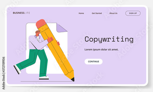 Website page template - Man holding a giant yellow pencil. Character concept of a copywriter, writer, author, and editor.