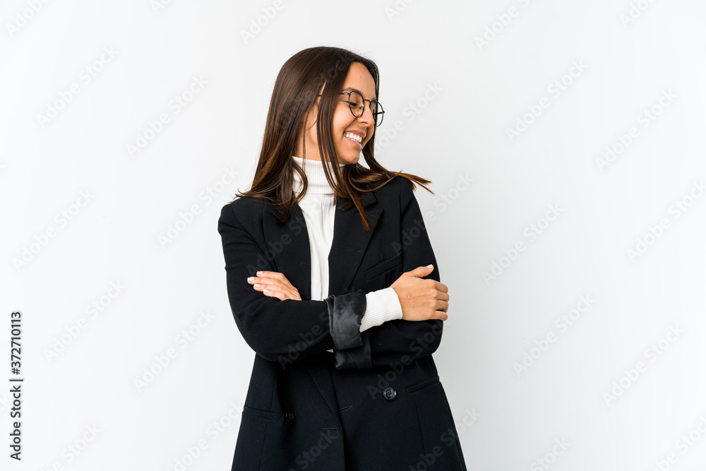Young mixed race business woman isolated on white background smiling confident with crossed arms. Young mixed race business woman isolated on white background smiling confident with crossed arms.
