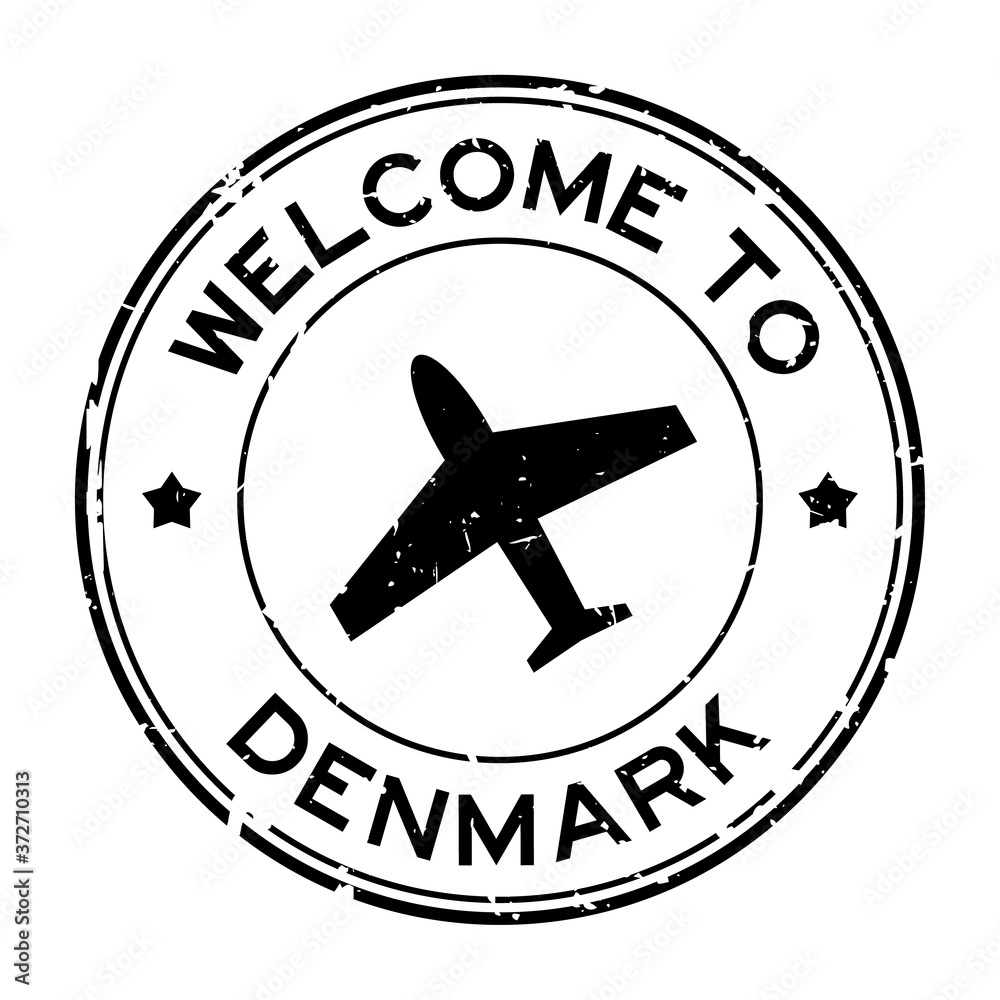 Grunge black welcome to Denmark word with airplane icon round rubber seal stamp on white background Grunge black welcome to Denmark word with airplane icon round rubber seal stamp on white background