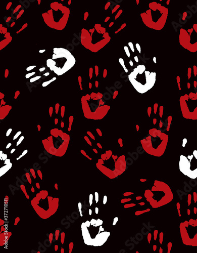 Blood Hand Print Seamless Vector Pattern. Red and White Palm Print Isolated on a Black Background. Scary Halloween Repeatable Pattern. Bloody Backdrop.
