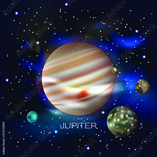 Planet Jupiter. Against the background of outer space with stars and cosmic dust. Vector illustration