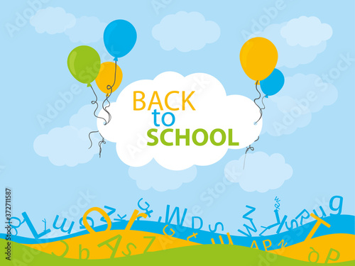 Back to school background with fly balloon. Color alphabet wave banner with letters on sky with cloud