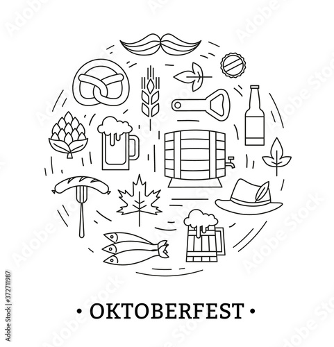 Oktoberfest symbols and pictograms. Set of beer festival black line vector icons on white background