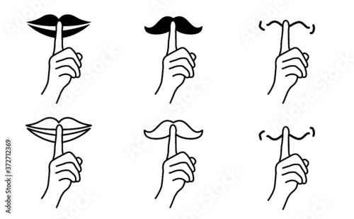 Stop, please be quiet icon (psssst ). Forbid, silence no speaking or no talking  ( shhh ). Funny vector flat icons silhouette Silent finger over lips or mouth sign. Sound off. Secret asking to silence