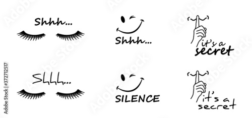 Stop, please be quiet icon (psssst ). Forbid, silence no speaking or no talking  ( shhh ). Funny vector flat icons silhouette Silent finger over lips or mouth sign. Sound off. Secret asking to silence photo