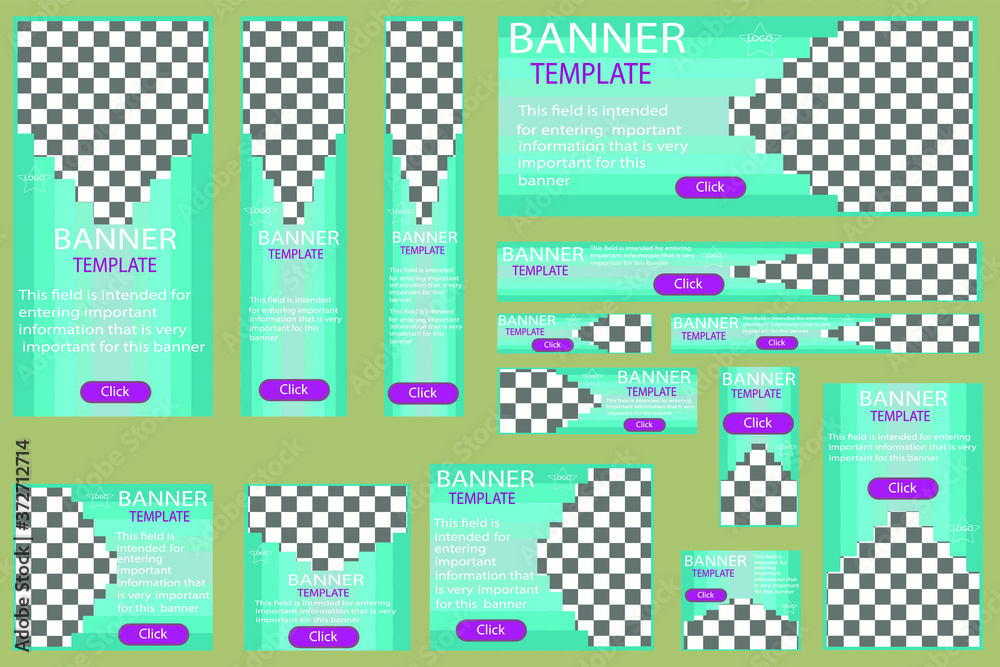 Set of web banners vector, gradient in blue colors, with a stepped cutout for photos