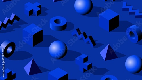 Abstract isometric 3D shapes on royal blue monochrome background