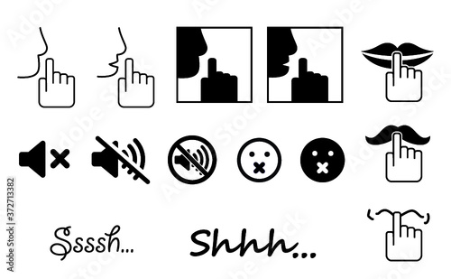 Stop, please be quiet icon (psssst ). Forbad, silence no speaking or no talking ( shhh ). Funny vector flat icons silhouette Silent finger over lips or mouth sign. Sound off. Secret asking to silence