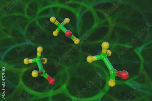 Molecular structure of acetaldehyde, an organic chemical compound produced by plants and one of the most important aldehydes. Scientific background. 3d illustration photo