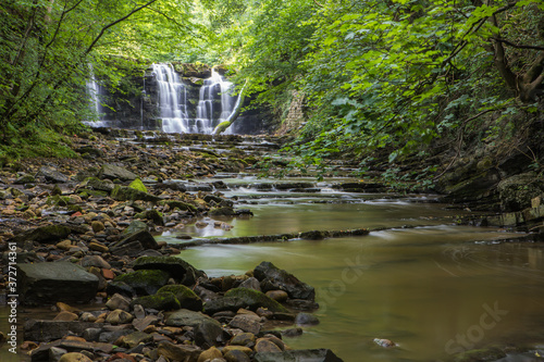Fototapeta Naklejka Na Ścianę i Meble -  Hidden waterfall in a deep gorge with trickling white water. Forest of Bowland, Ribble Valley, Lancashire