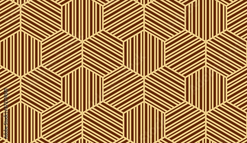 Abstract geometric pattern with stripes, lines. Seamless vector background. Gold and dark brown ornament. Simple lattice graphic design