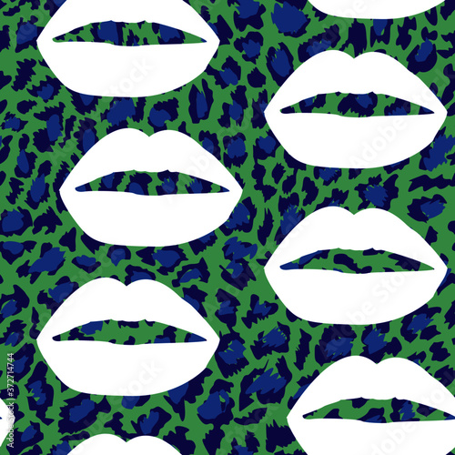 Pattern design of a white lips and hearts on animal print background