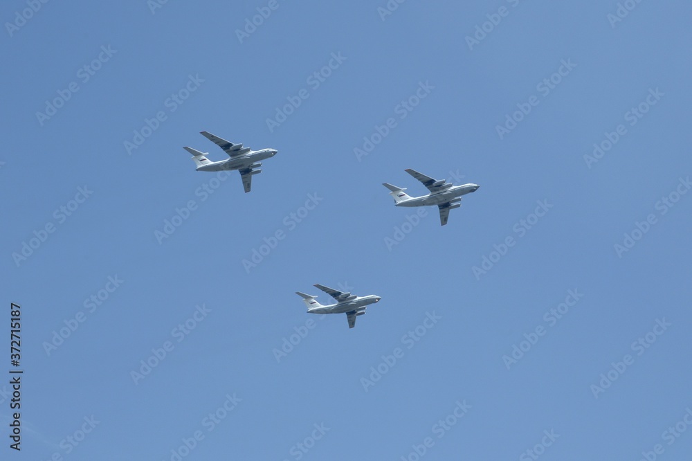 Military transport aircraft Il-76MD in the sky over Moscow during the dress rehearsal of the Victory parade