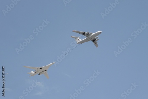 Simulated air refueling of Il-78 and Tu-160 aircraft in the sky over Moscow during the dress rehearsal of the Victory parade