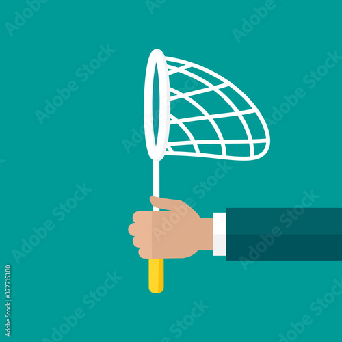 Businessman hand holds butterfly net. Catch, hunt, chase symbol.