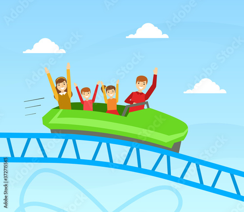 Family Riding Roller Coaster Together, Happy People Having Fun in Amusement Park on Summer Holidays Cartoon Vector Illustration