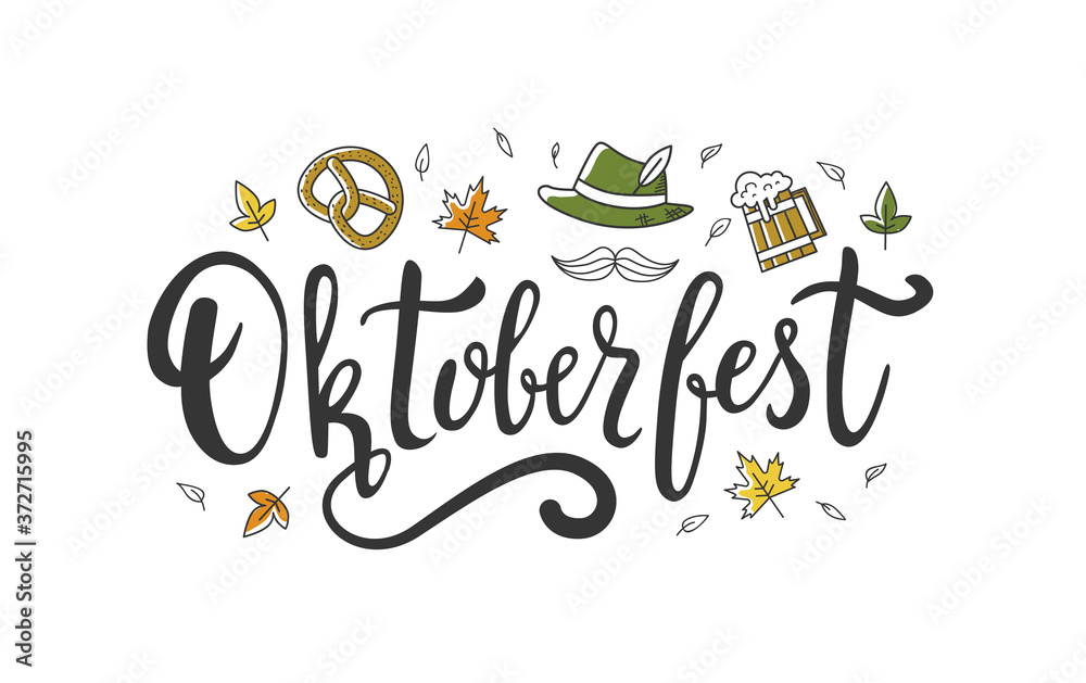 Naklejka premium Oktoberfest handwritten beautiful calligraphic word. Hand drawn lettering with different objects and leaves. - Vector
