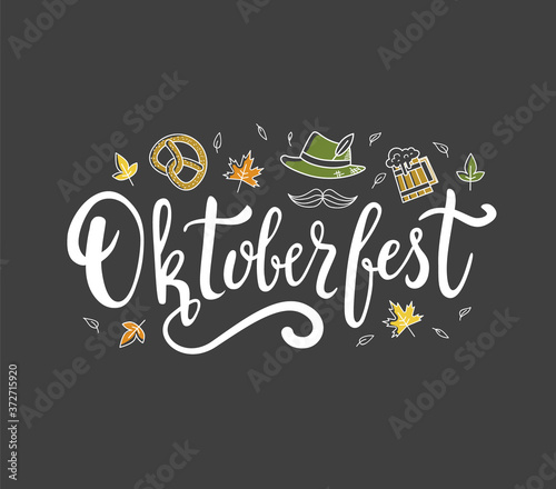 Hand drawn lettering with different objects on black background. Oktoberfest traditional beer festival poster design. - Vector