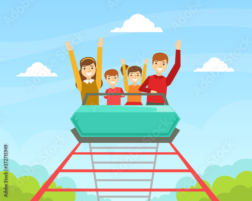 Family Riding Roller Coaster Together, Happy People Having Fun in Amusement Park Cartoon Vector Illustration